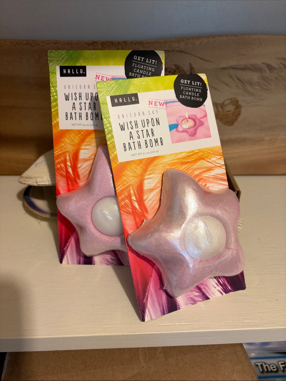 Two Pink Shimmery Star Bath Bombs with Floating Candle